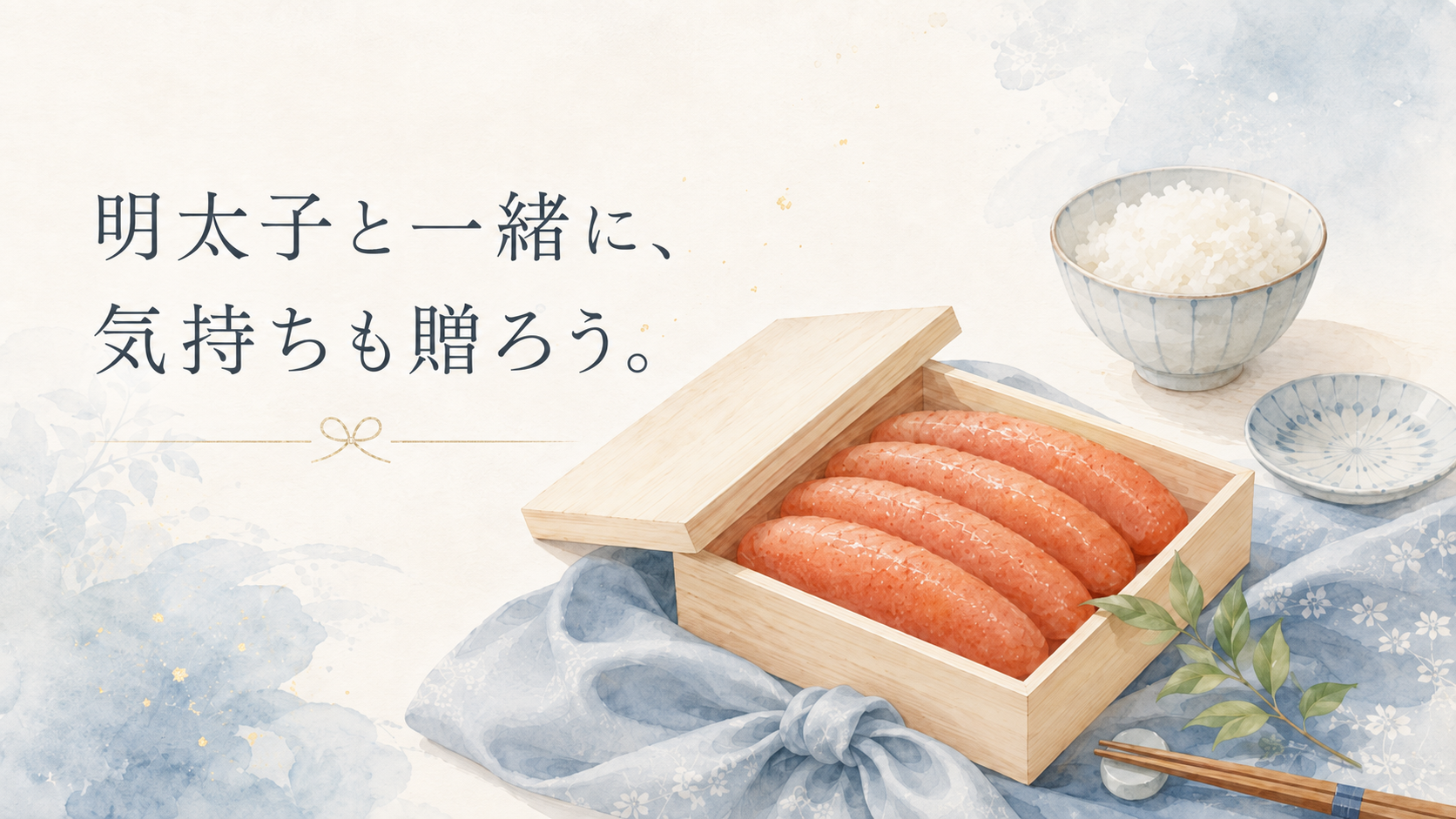 木箱入り辛子明太子と風呂敷をあしらった、華の実のギフト相談イメージ