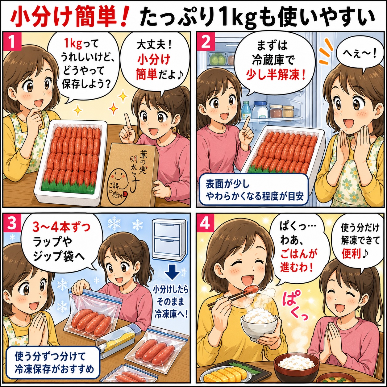 辛子明太子の小分けと保存方法の4コマ説明