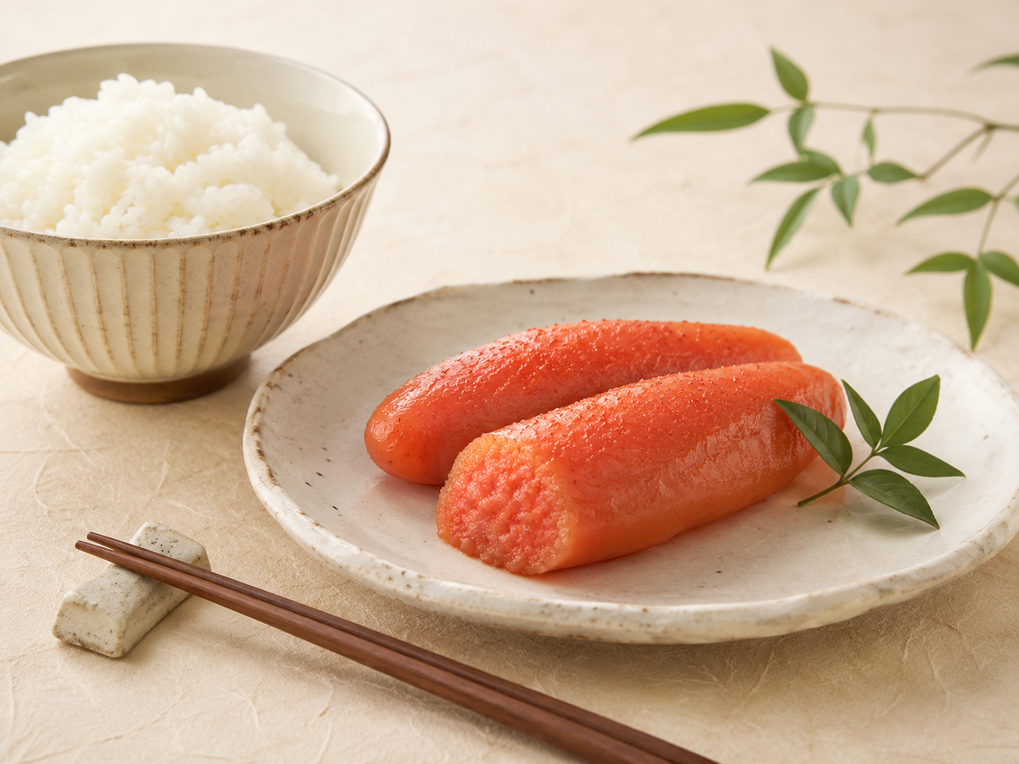 陶器皿に盛り付けた辛子明太子と白ご飯のイメージ