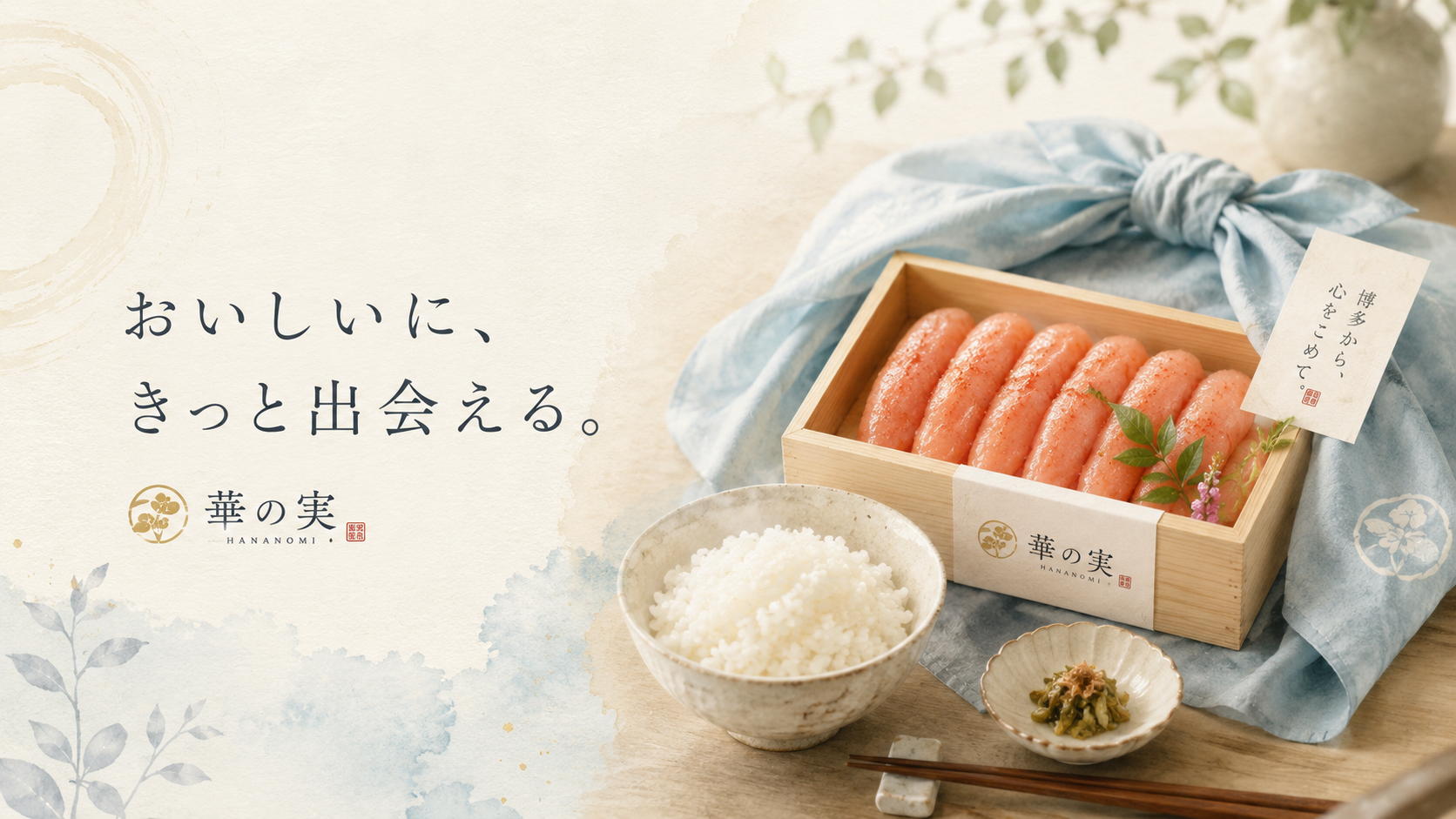 木箱入りの辛子明太子と白ご飯をあしらった、華の実トップページ用メインビジュアル
